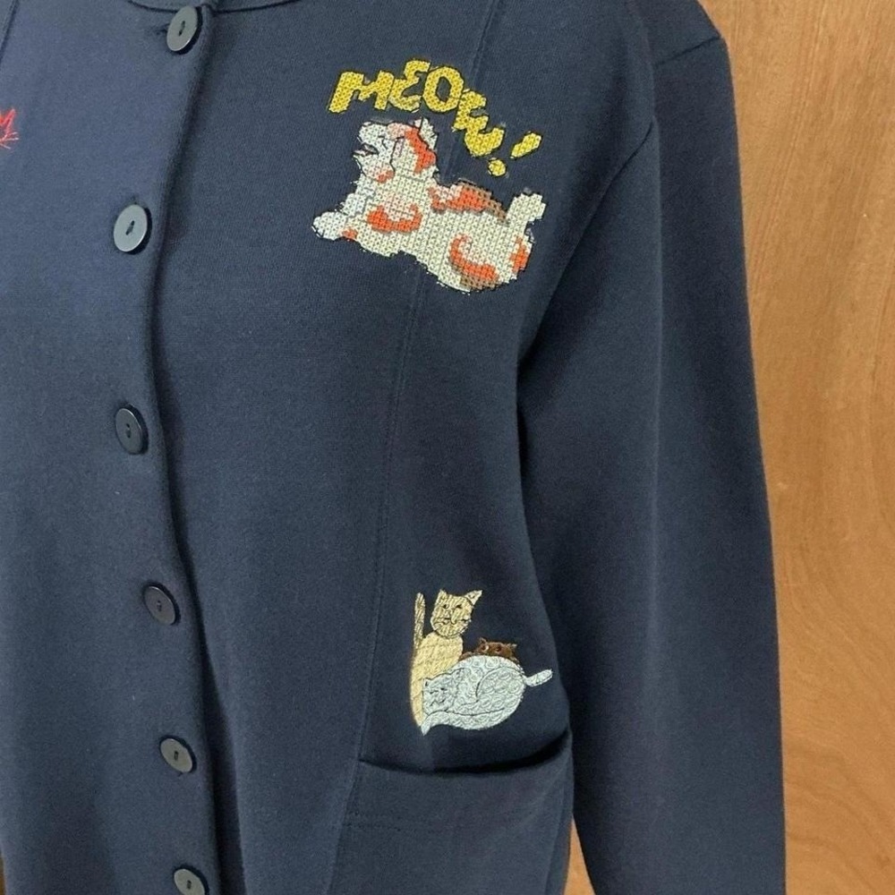 Whimsical Embroidered Cat Cardigan Jacket Orvis Vintage Buttons Roomy X-Small - Picture 4 of 8